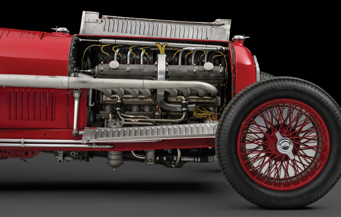 Photo wallpaper Wheel, The hood, Engine, Spokes, Alfa Romeo, Classic, Scuderia Ferrari, 1932