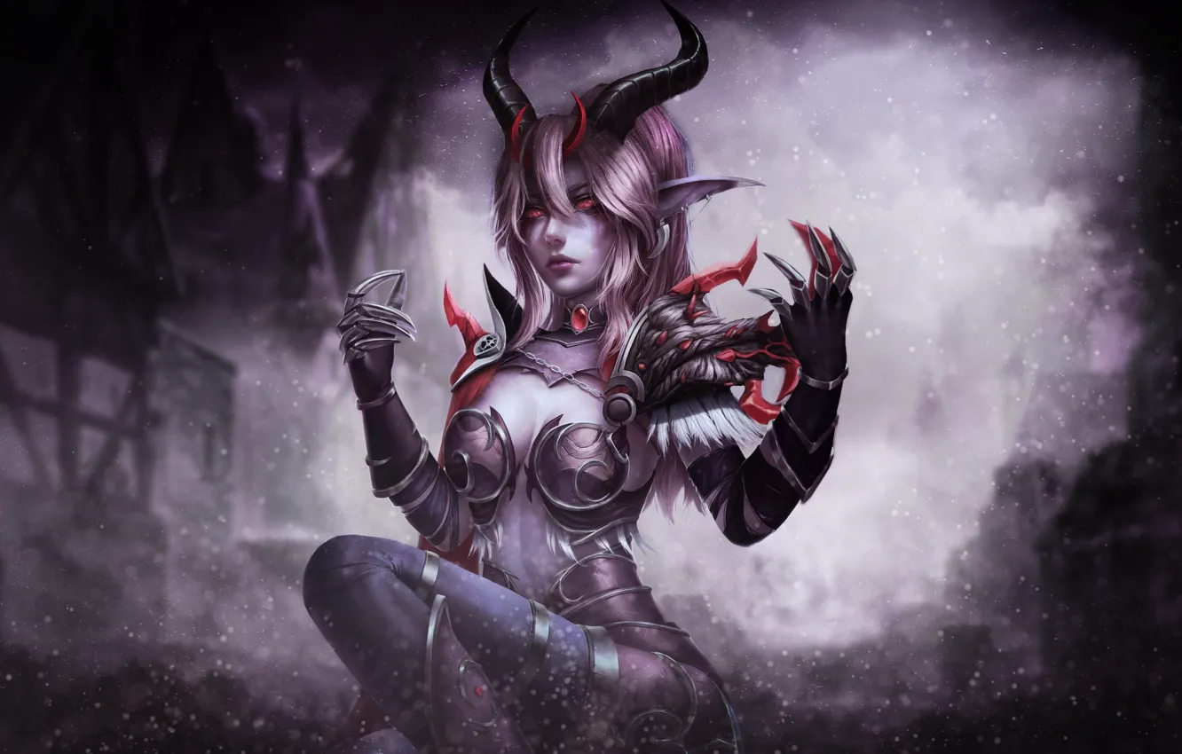 Photo wallpaper girl, night, sexy, style, the game, figure, art, horns