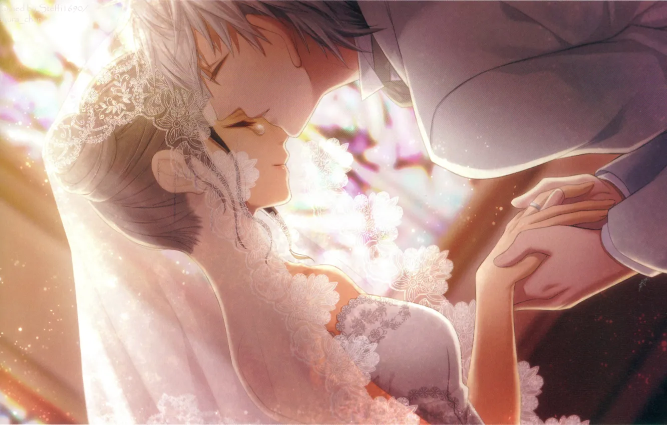 Photo wallpaper light, kiss, hands, tears, veil, lace, art, wedding