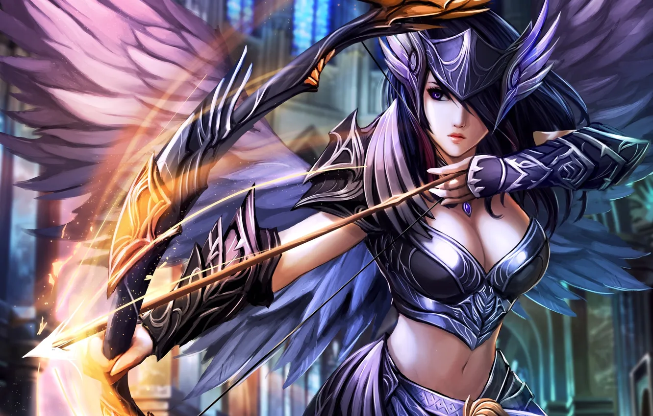 Photo wallpaper look, girl, weapons, magic, clothing, bow, neckline, art