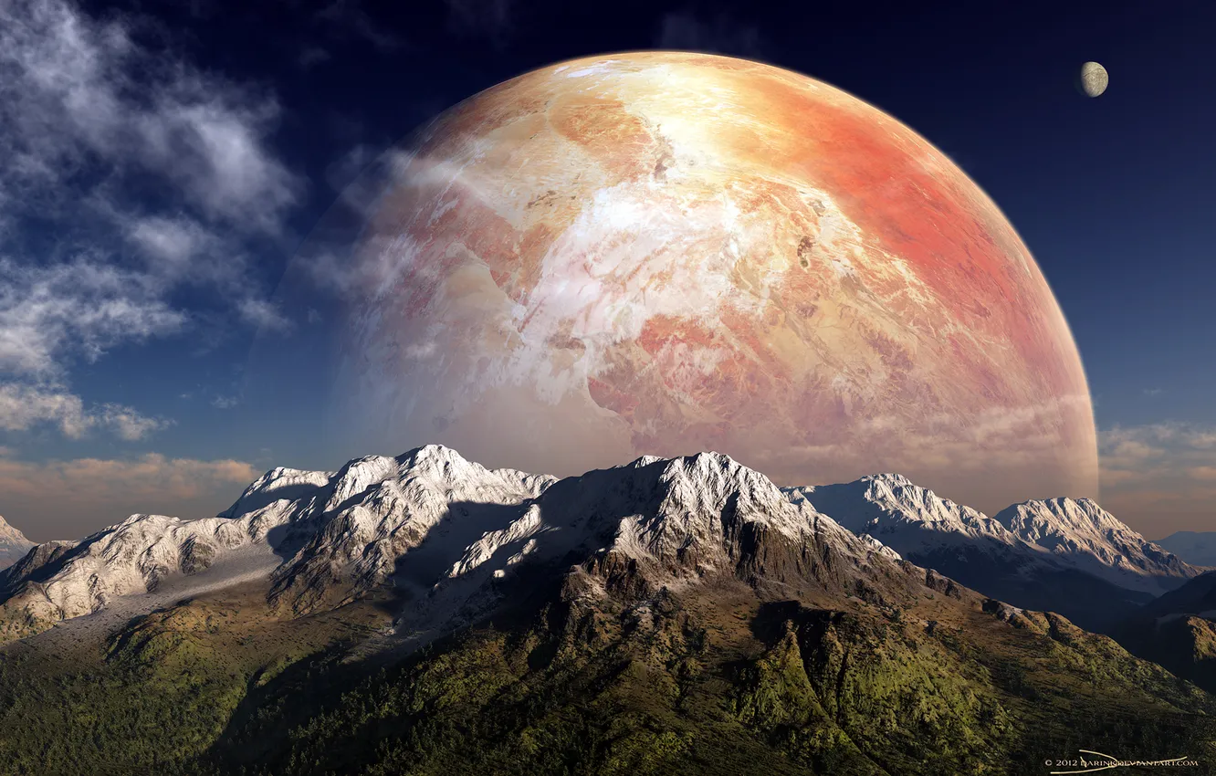 Photo wallpaper the sky, clouds, mountains, alien planet