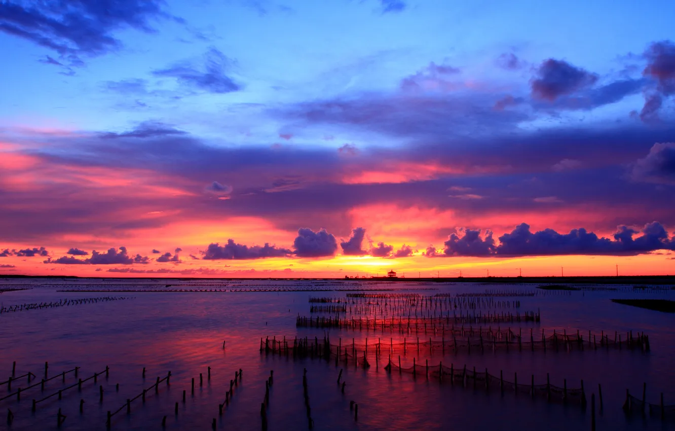 Photo wallpaper field, the sky, sunset, water