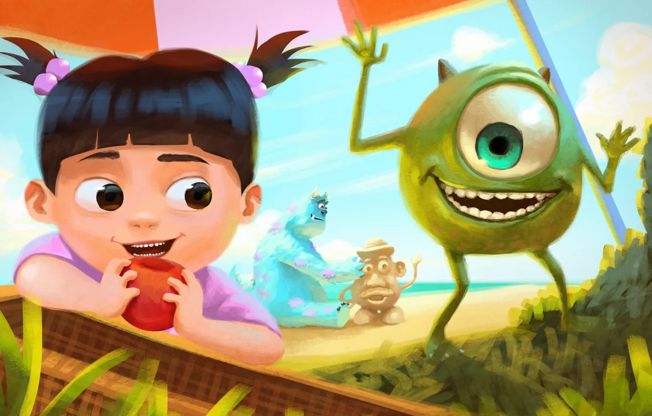Photo wallpaper cartoon, Disney, Pixar, one-eyed, Monsters.Inc, Mike Wazowski, Sulley, Monsters Inc.