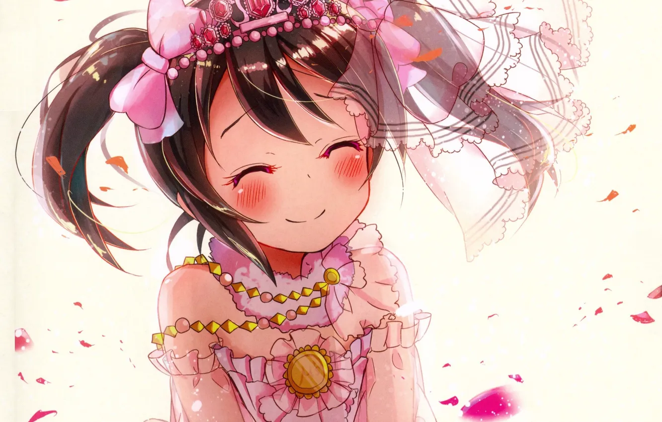 Photo wallpaper smile, Ruski, Diadema, rose petals, two tails, pink dress, Love Live! School Idol Project, tears …
