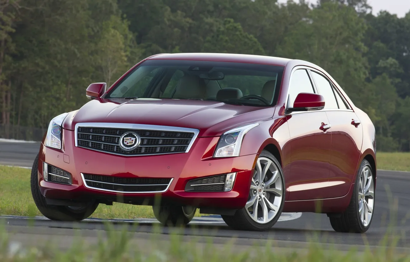 Photo wallpaper trees, red, background, Cadillac, sedan, racing track, the front, ATS