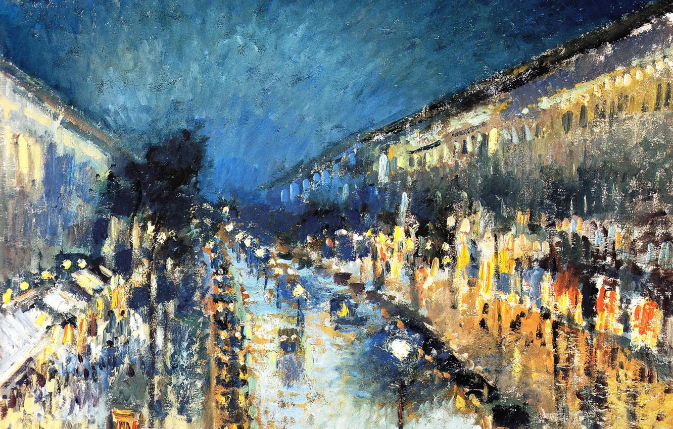 Photo wallpaper street, home, the urban landscape, Camille Pissarro, Camille Pissarro, Boulevard Montmartre by night