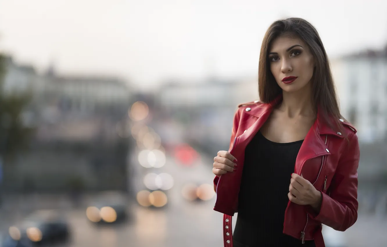 Photo wallpaper look, face, background, model, lipstick, jacket, red, leather