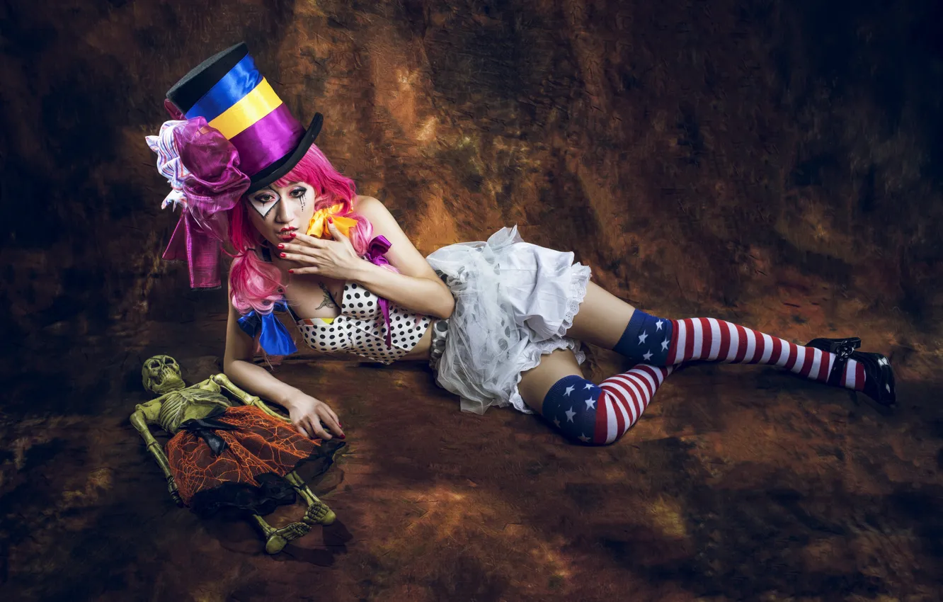 Photo wallpaper girl, hat, doll, skeleton, Asian, cylinder, clown