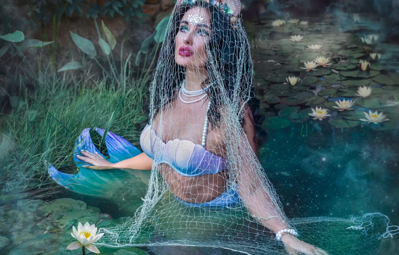 Photo wallpaper girl, flowers, pond, mermaid