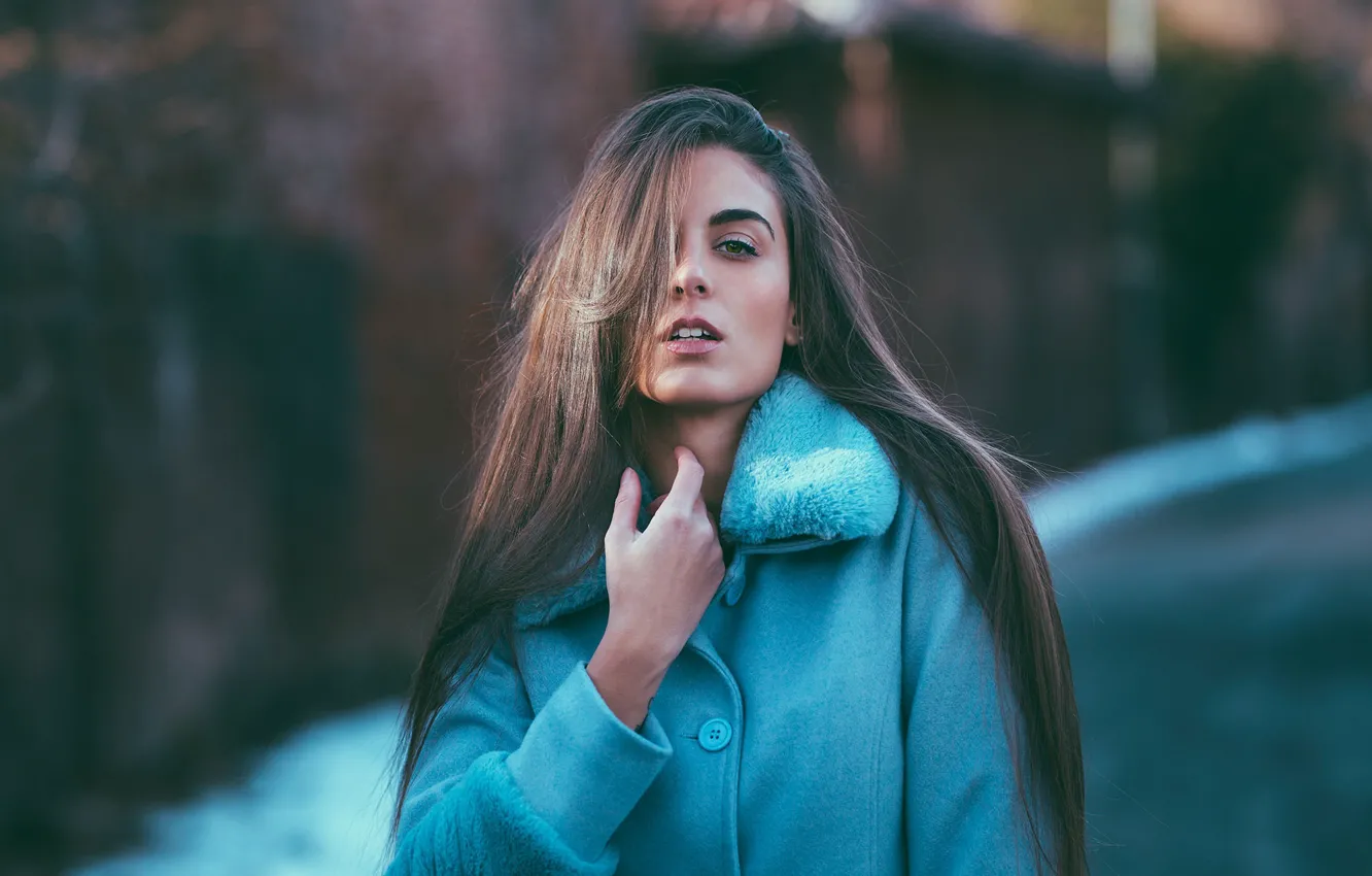 Photo wallpaper winter, girl, snow, portrait, makeup, hairstyle, brown hair, coat