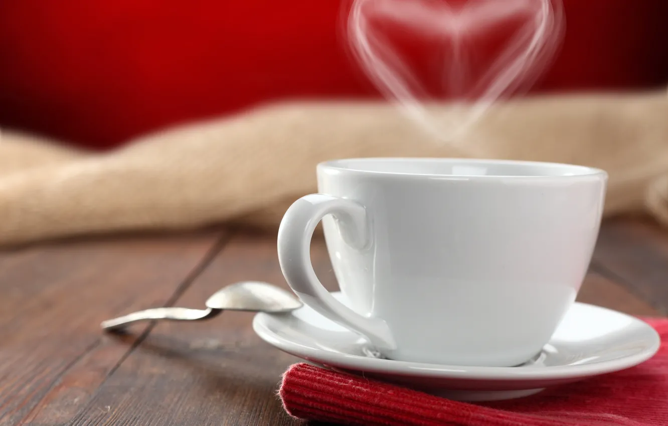 Photo wallpaper table, tea, heart, coffee, spoon, Cup, saucer, napkin