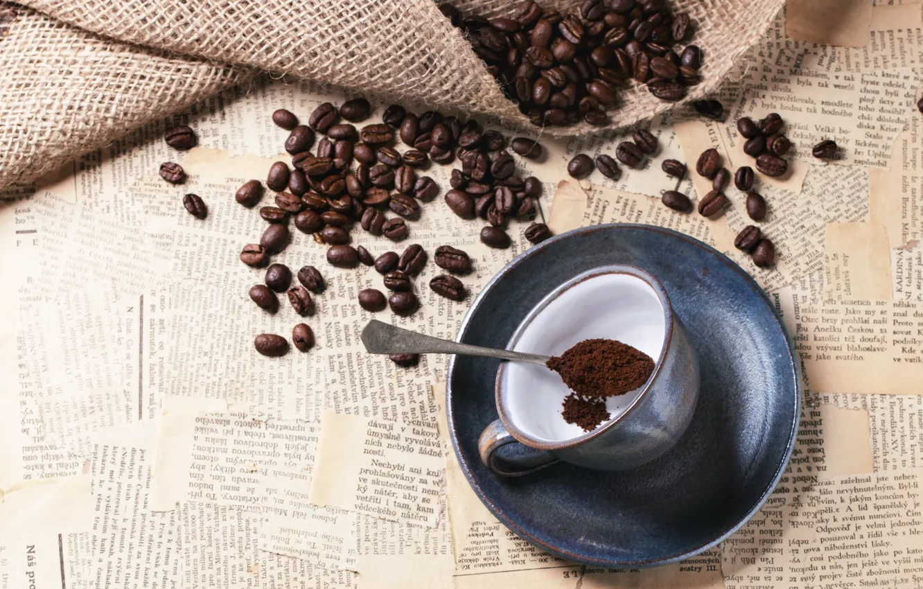 Photo wallpaper coffee, grain, hammer, spoon, Cup, coffee