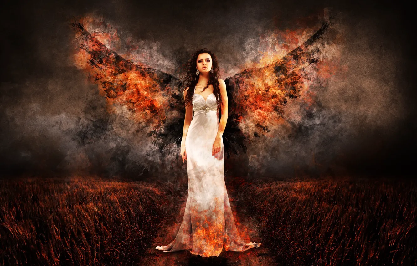 Photo wallpaper field, girl, night, fire, wings, angel, dress, is