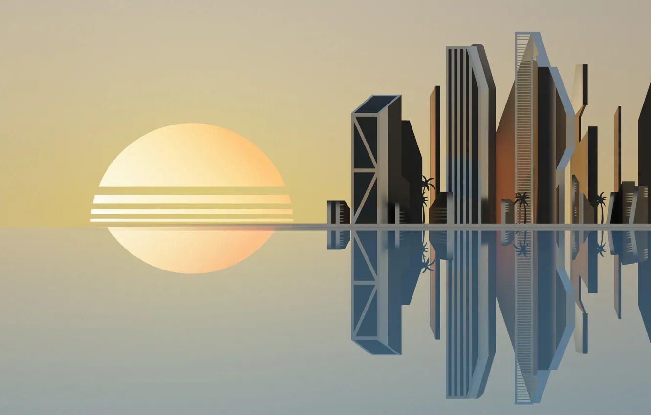 Photo wallpaper Sunset, The sun, Reflection, The city, Style, Background, City, Architecture
