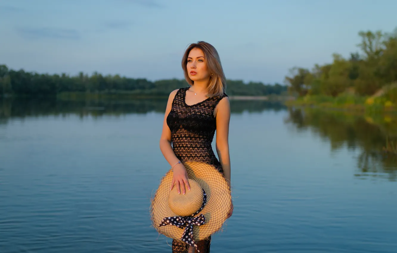 Photo wallpaper girl, nature, river, mood, hat, dress, Andrei Filonenko