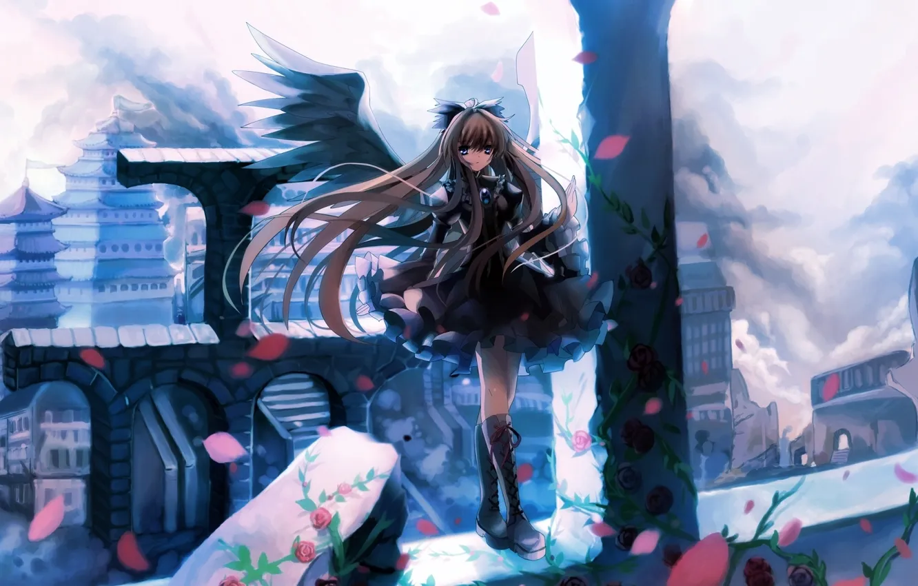 Photo wallpaper girl, the city, roses, dress, the ruins, long hair