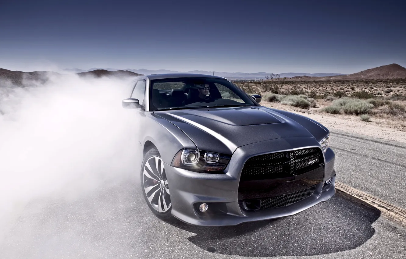 Photo wallpaper machine, grey, lights, smoke, silver, day, The hood, Dodge
