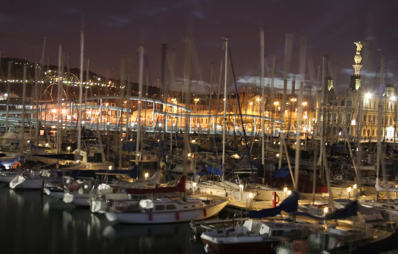 Photo wallpaper night, the city, lights, boats, pier