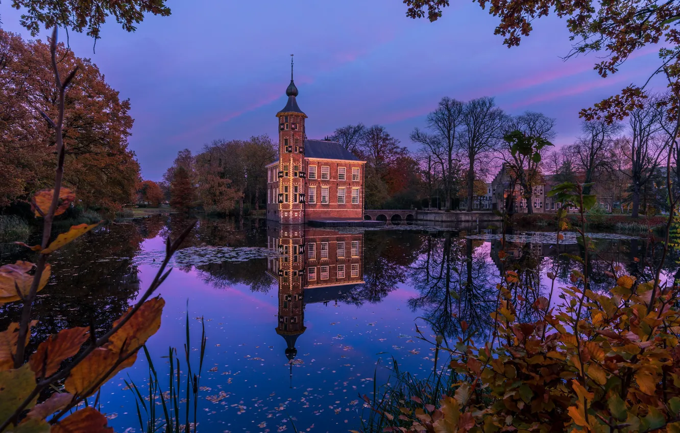 Photo wallpaper autumn, trees, pond, Park, nonsense, castle, Netherlands, pond