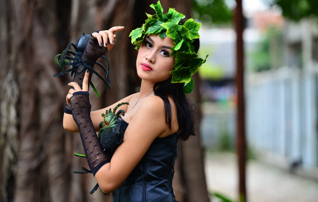 Photo wallpaper look, girl, brunette, gloves, Asian, wreath, bokeh