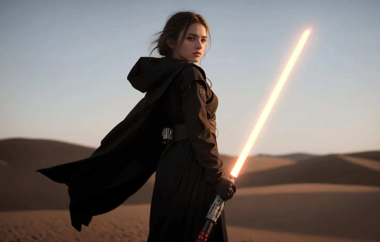 Photo wallpaper girl, desert, art, Sands, digital art, lightsaber, Stable Diffusion, Neuronet