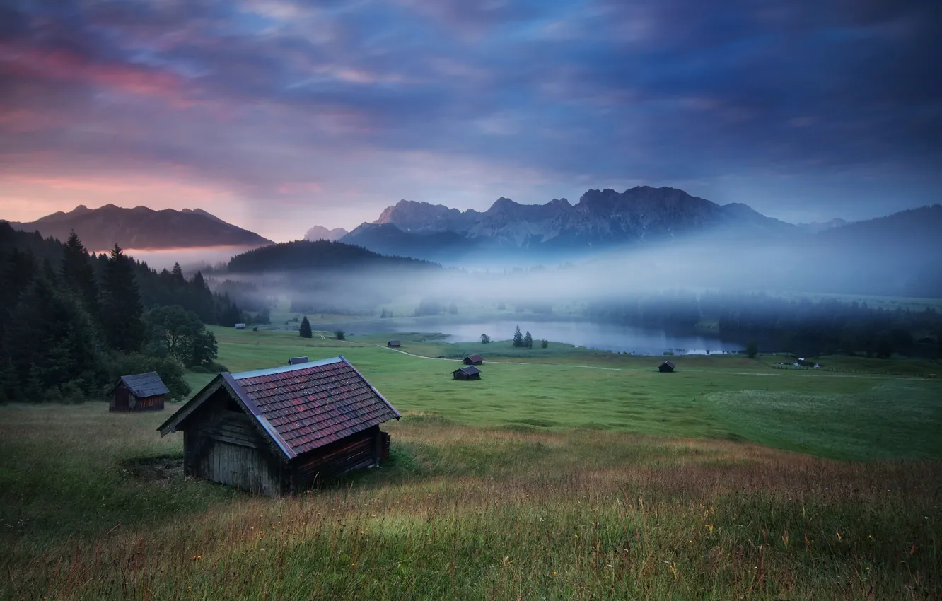 Photo wallpaper mountains, fog, morning, houses, Alps