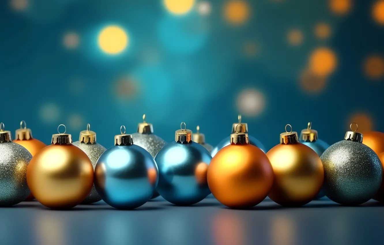 Photo wallpaper balls, orange, glare, lights, blue, balls, Shine, new year
