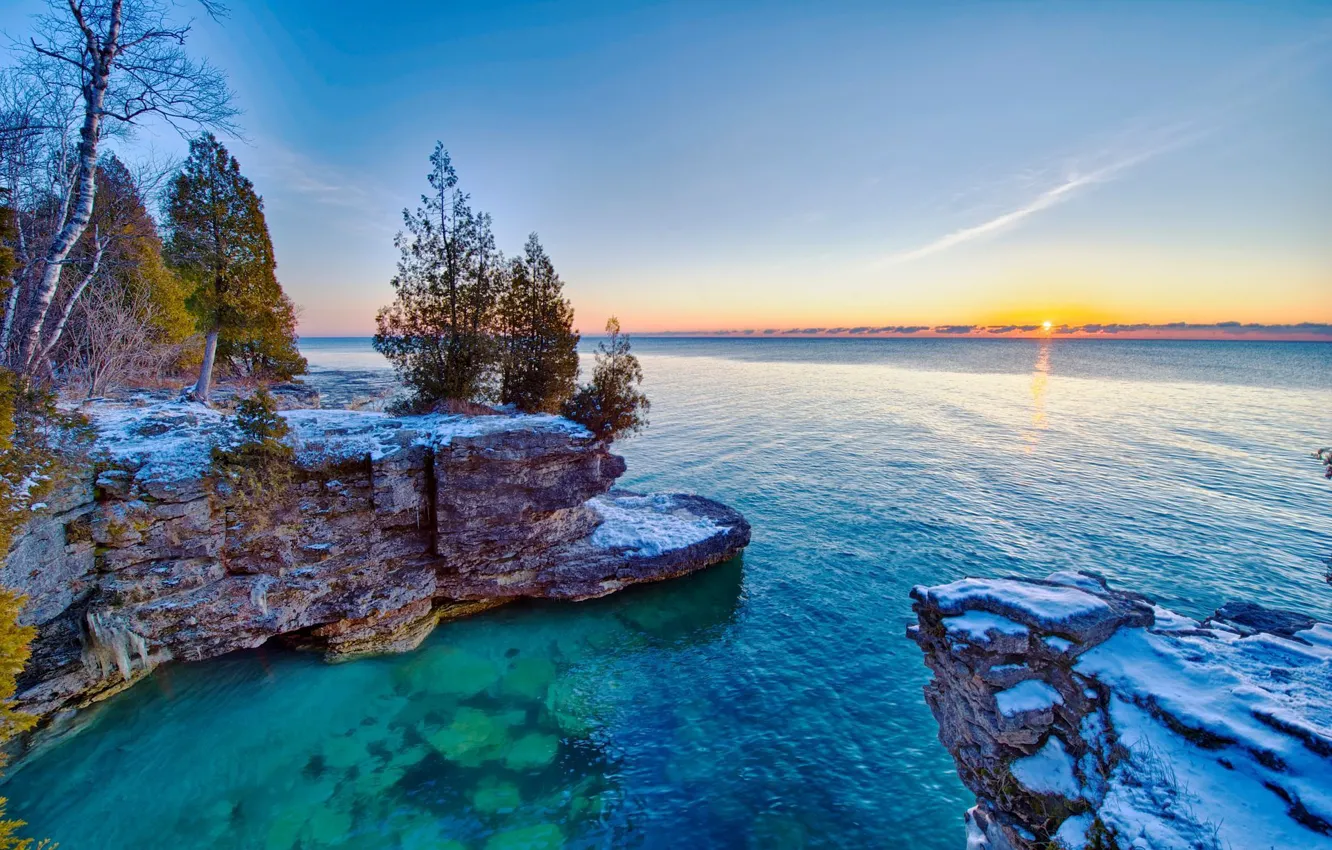Photo wallpaper trees, sunrise, rocks, lake Michigan, Lake Michigan