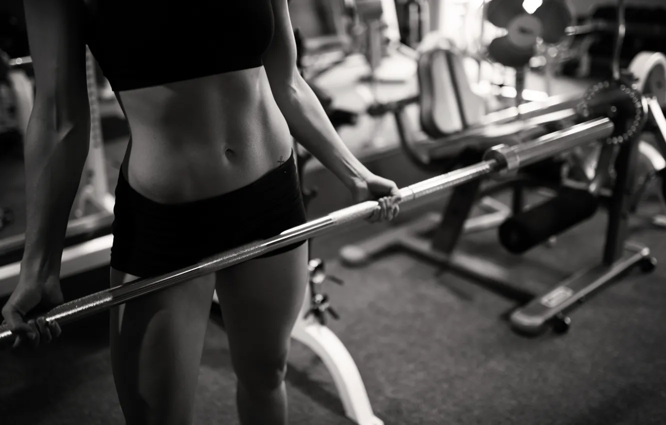 Photo wallpaper woman, fitness, gym, metal bar