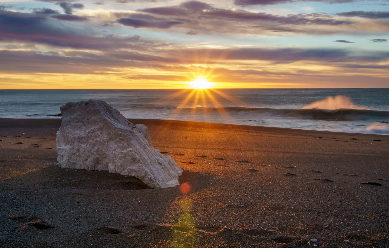 Photo wallpaper sand, sea, wave, beach, the sky, the sun, clouds, rays