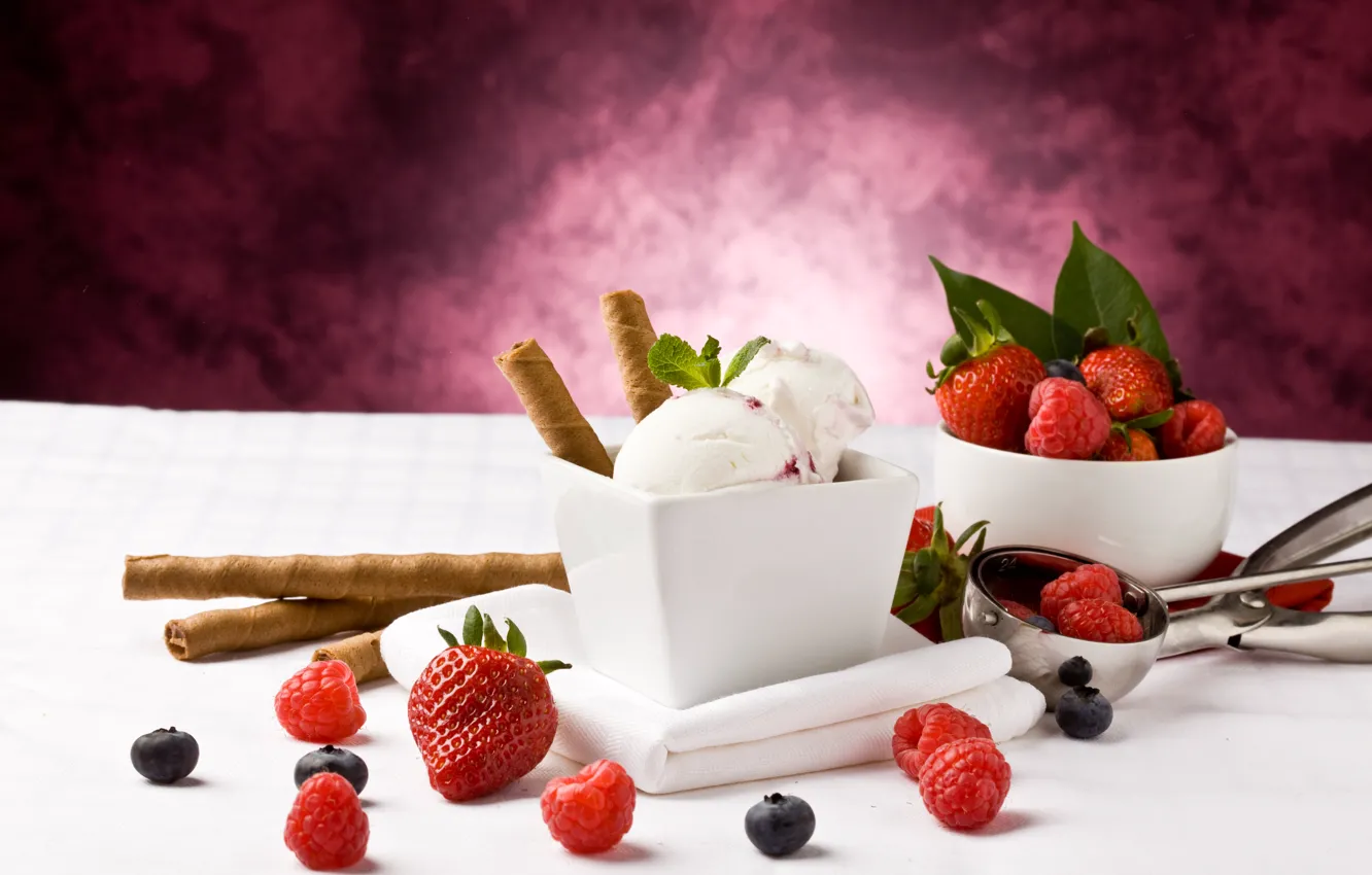 Photo wallpaper berries, raspberry, blueberries, strawberry, ice cream, dessert, tube