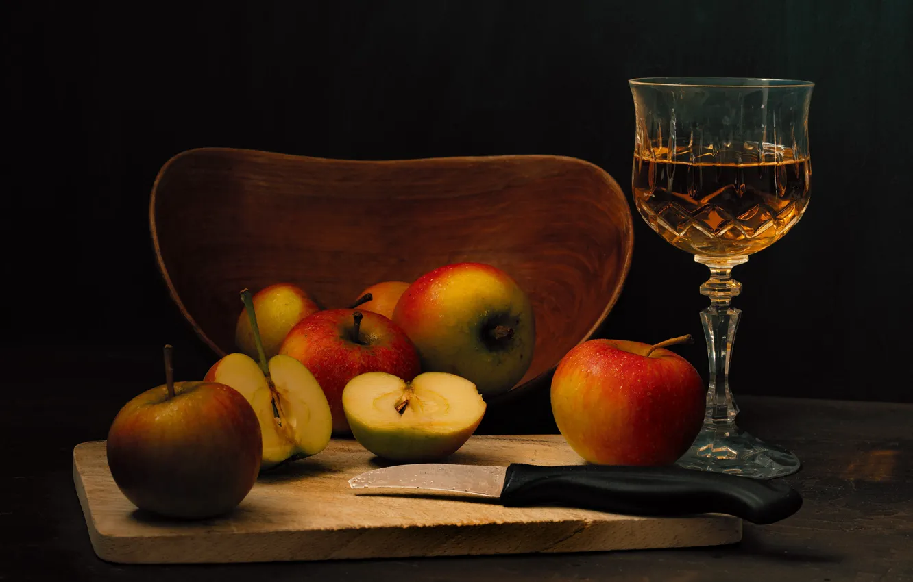 Photo wallpaper the dark background, wine, apples, glass, food, alcohol, knife, Cup