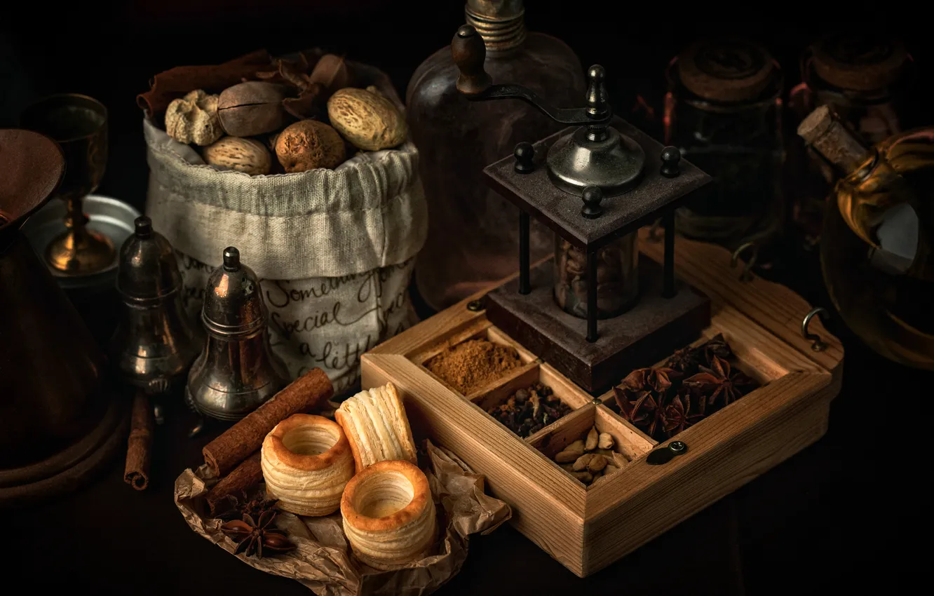Photo wallpaper style, nuts, still life, spices, валованы