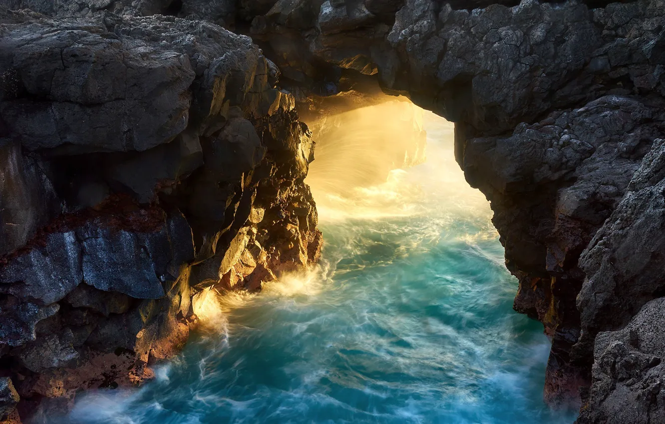 Photo wallpaper sea, wave, water, light, nature, rocks, arch