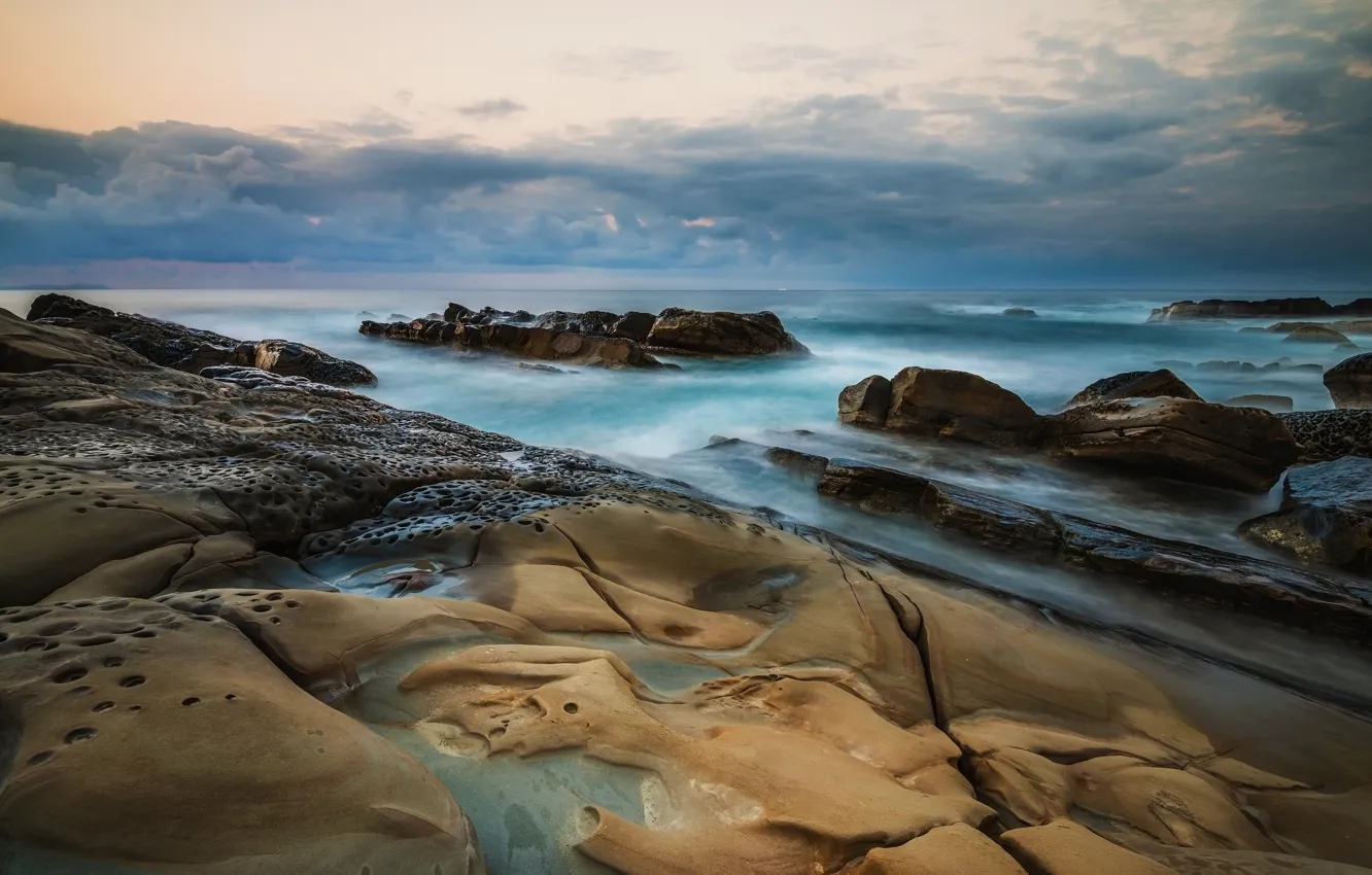 Photo wallpaper sea, the sky, nature, stones, overcast, rocks, horizon, surf