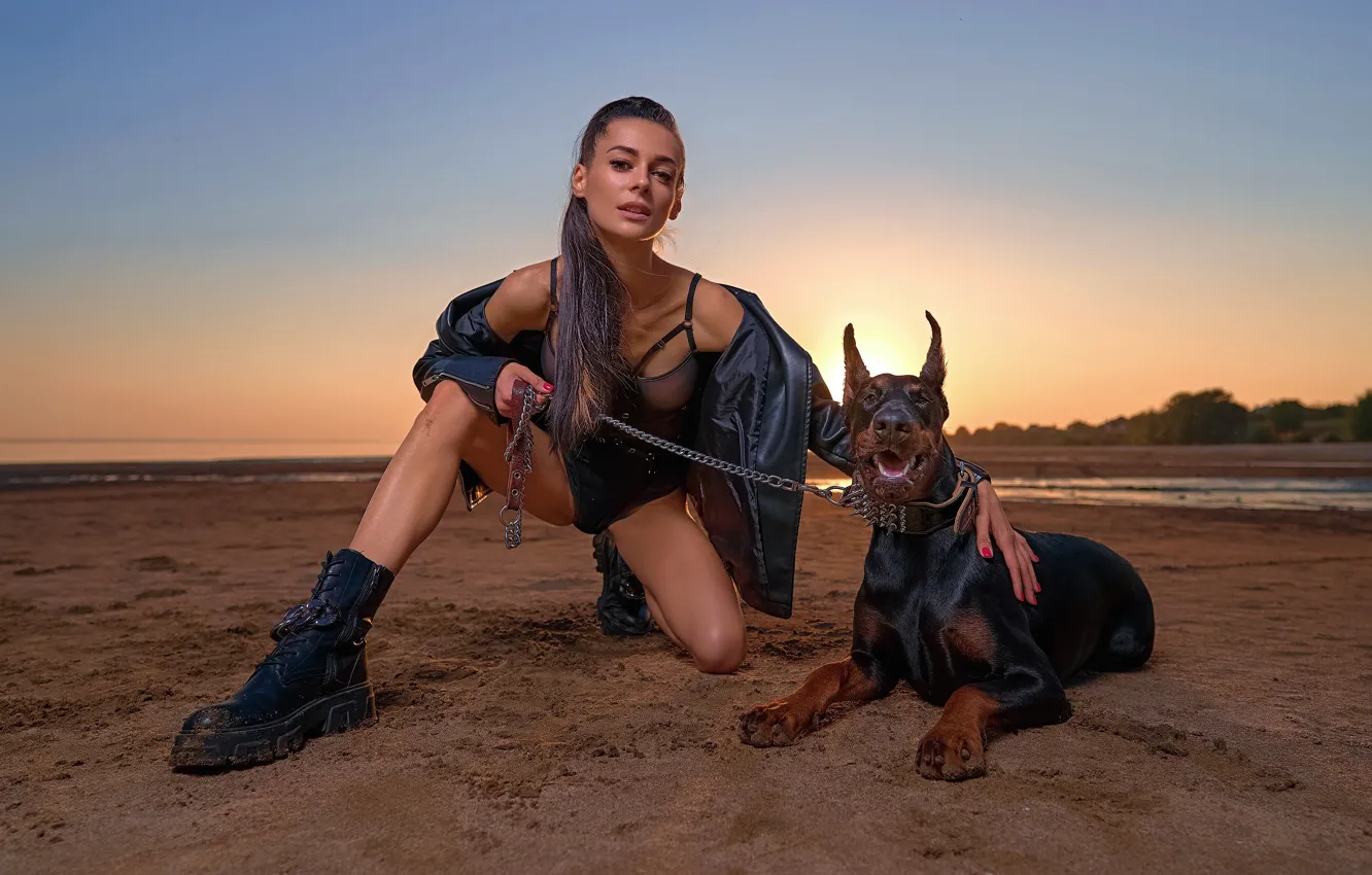 Photo wallpaper sand, beach, look, girl, pose, river, feet, dog