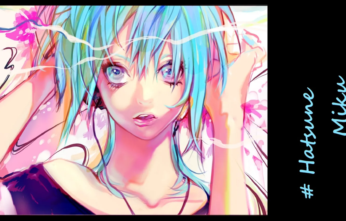 Photo wallpaper face, vocaloid, Hatsune Miku, black background, Vocaloid, blue hair, Hatsune Miku, hands behind head