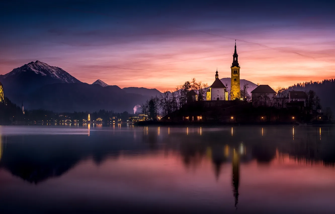 Photo wallpaper sunset, mountains, night, lake, island, the evening, Slovenia, Lake bled