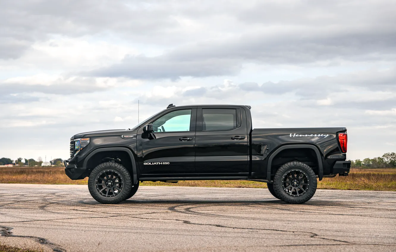 Photo wallpaper side view, GMC, Hennessey, Sierra, Off-Road, 2023, Goliath 650, GMC Sierra AT4