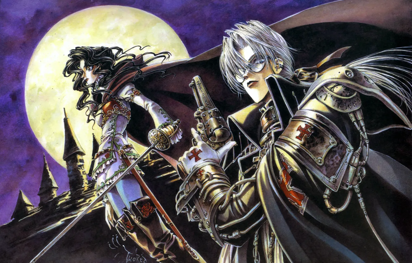 Photo wallpaper night, gun, gloves, cloak, the full moon, trinity blood, boots, sword