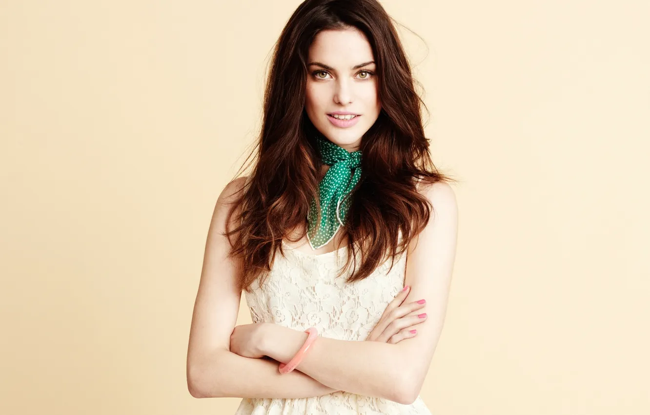 Photo wallpaper look, girl, smile, background, scarf, Alejandra Alonso