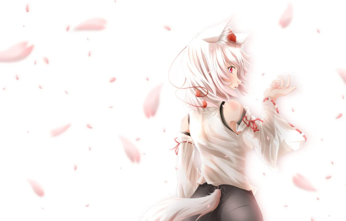 Photo wallpaper girl, petals, art, tail, ears, touhou, inubashiri momiji
