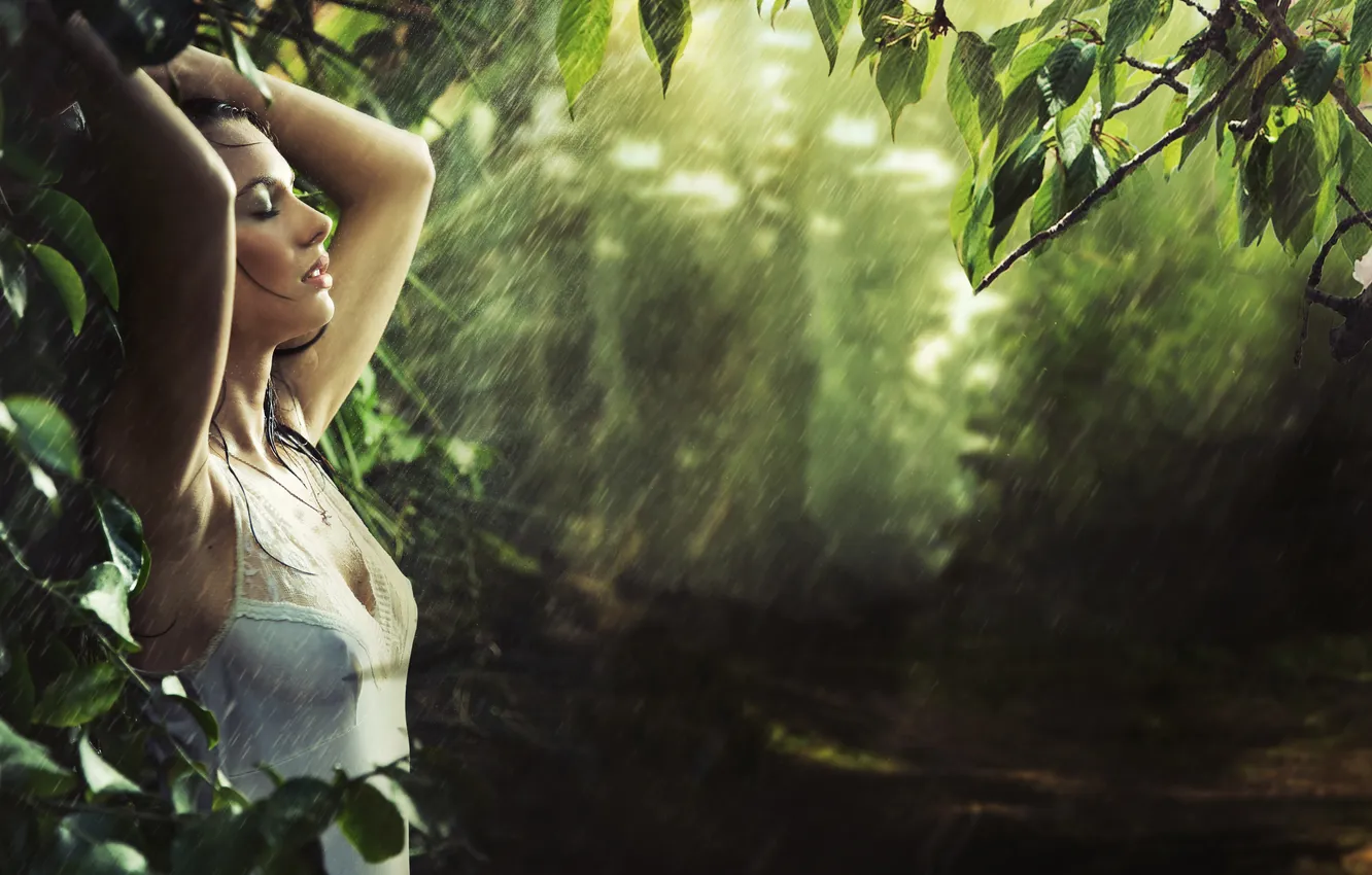 Photo wallpaper greens, girl, trees, branches, nature, rain, brunette
