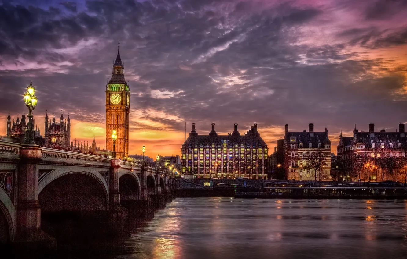 Photo wallpaper the city, lights, river, the evening, London