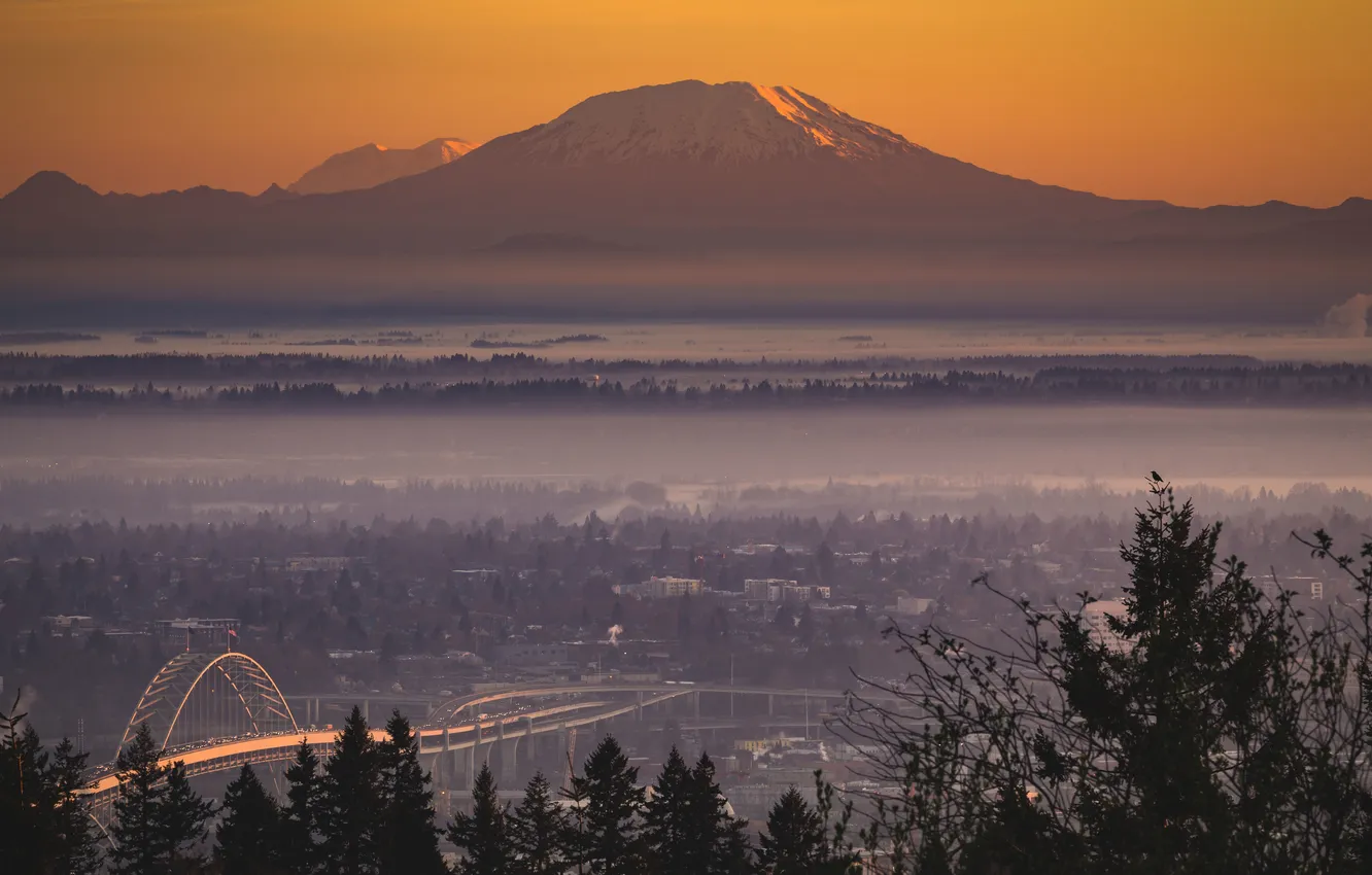 Photo wallpaper clouds, mountains, bridge, horizon, Oregon, Portland, sunrise, United States