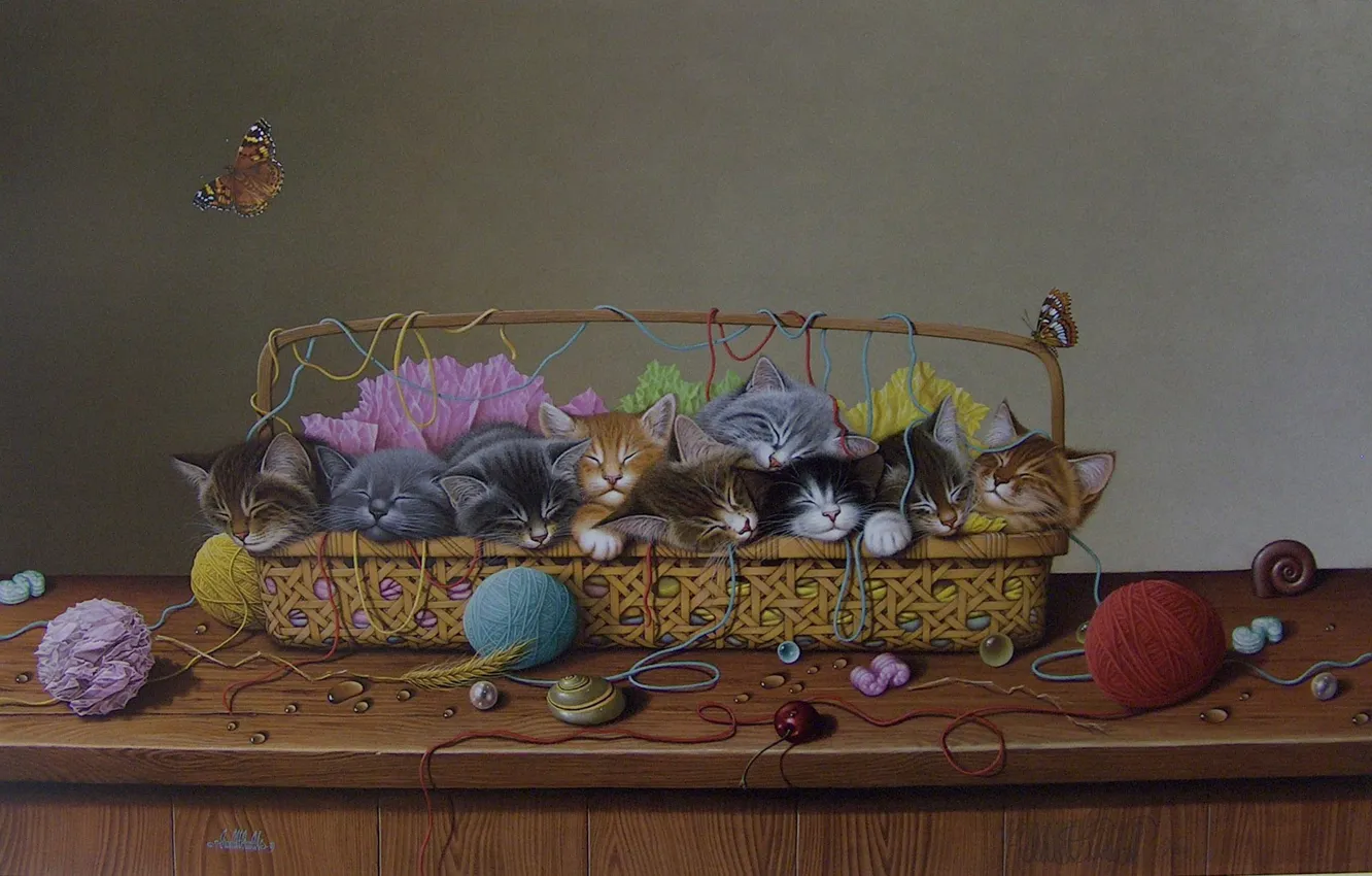 Photo wallpaper mood, art, kitty, basket, Braldt Bralds