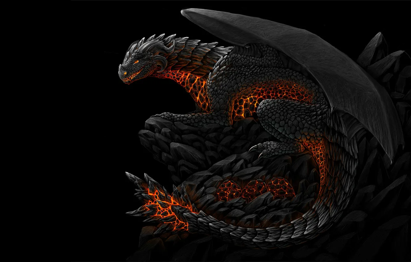 Photo wallpaper darkness, black, dragon, mouth, fire-breathing