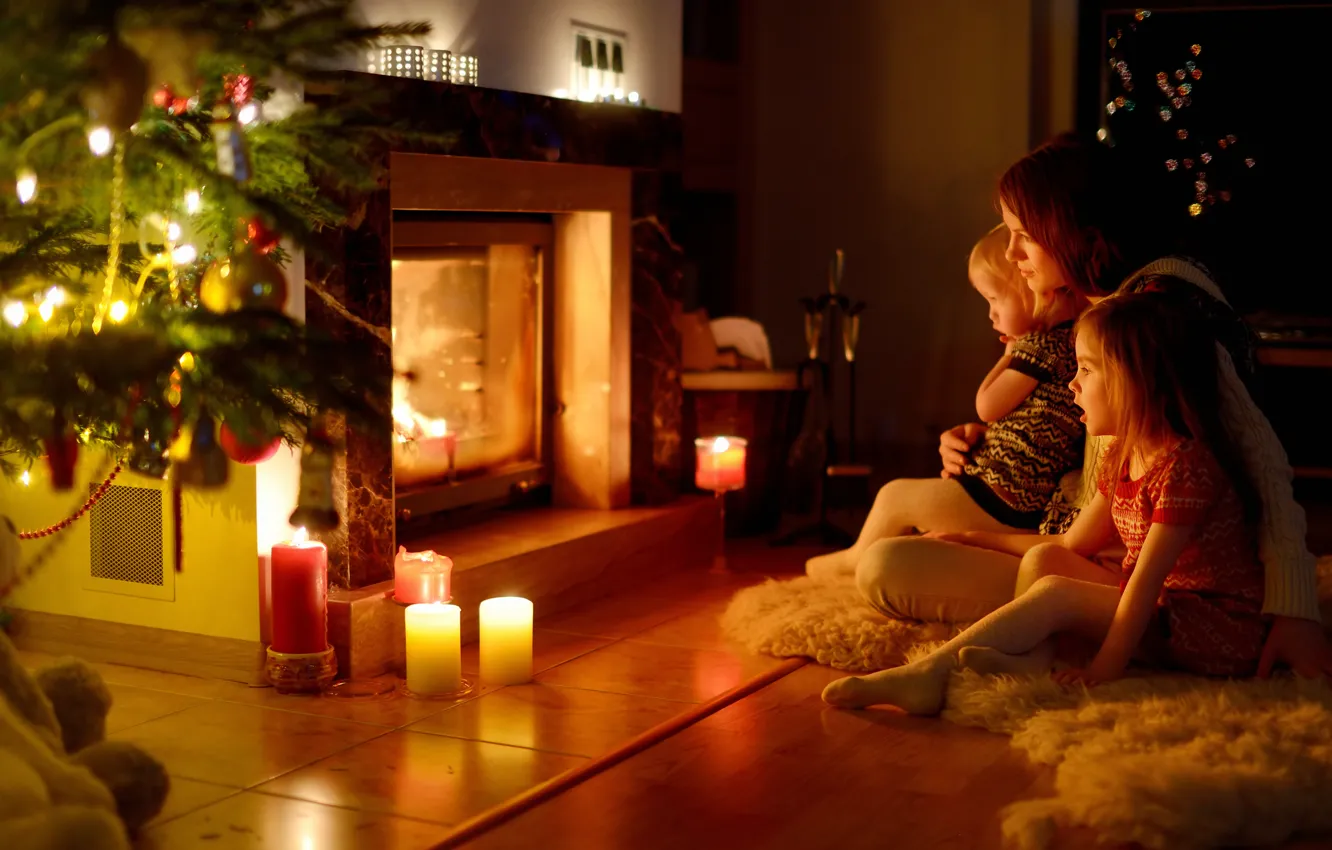 Photo wallpaper children, comfort, woman, new year, family, Christmas, fireplace