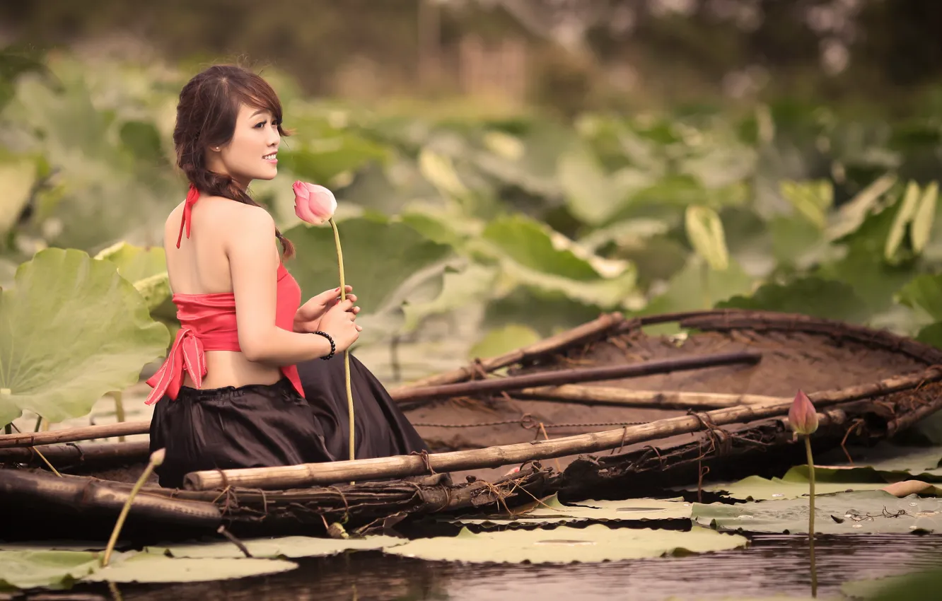Photo wallpaper girl, mood, boat, Lily, Asian