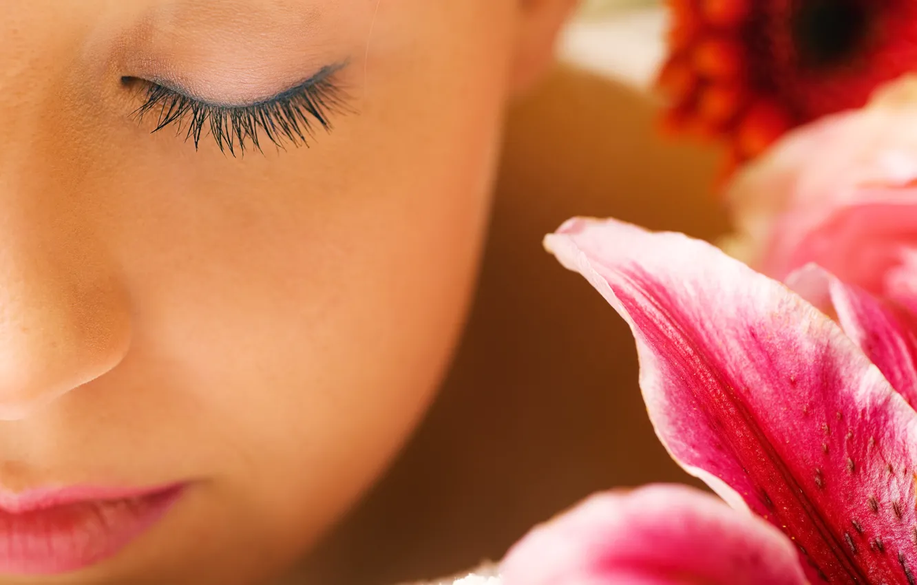 Photo wallpaper girl, flowers, face